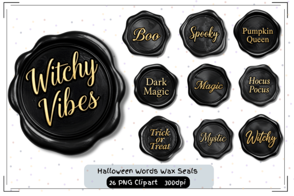 Black & Gold Halloween Wax Seals: 26 Elegant Word Designs
