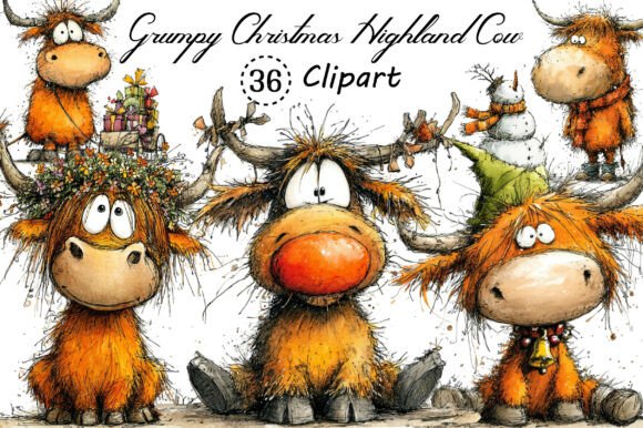 Grumpy Christmas Highland Cow Clipart: A Designer's Festive Asset