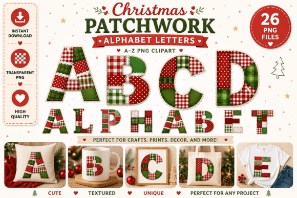 Patchwork Christmas Alphabet Clipart for Festive Design