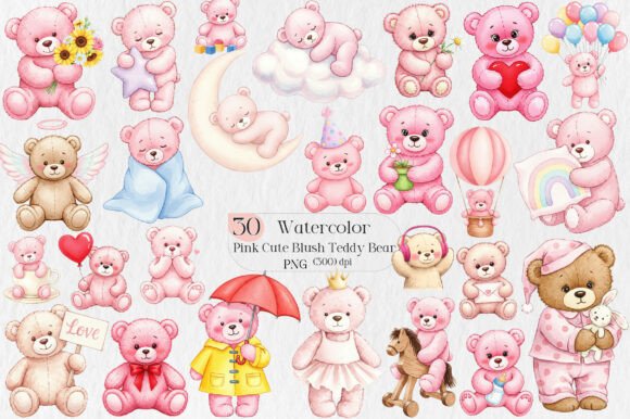 Watercolor Pink Cute Blush Teddy Bear: A Design Asset