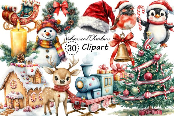 Watercolor Whimsical Christmas Clipart: Festive Design Assets